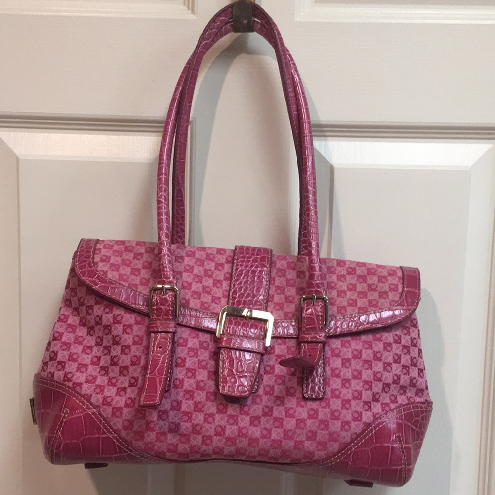 Liz Claiborne Raspberry Pink Crocodile Pattern Handbag - plus Wallet!
